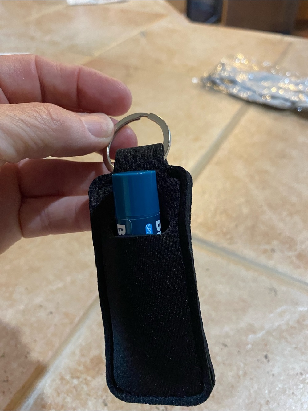 Black Lip Balm Holder Keychain with Blue Balm